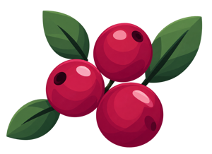 Glossy cluster of ripe berries with green leaves